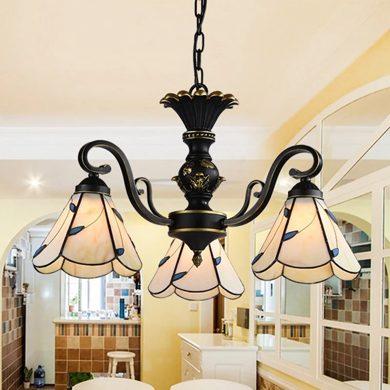 Lampadario Conico Mediterraneo 5/6/8 Luci Plafoniera Sospensione Vetro Bianco/Blu per Soggiorno
