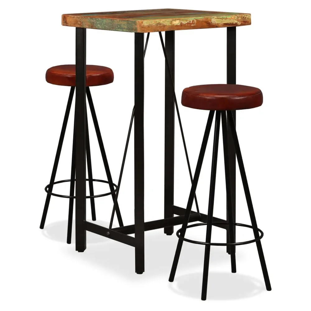 Set da Bar 3 pz Legno Massello di Recupero e Vera Pelle
