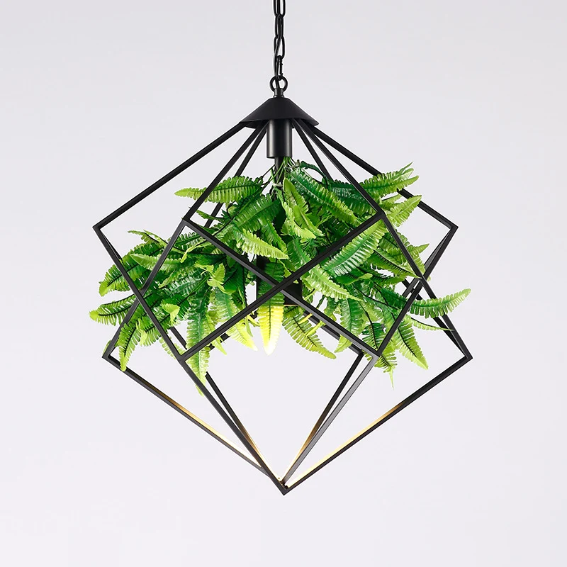 Lampadario sospensione con gabbia ferro e diamanti, lampada sospensione per pianta da sala da tè, 1 testa, colore nero, la...