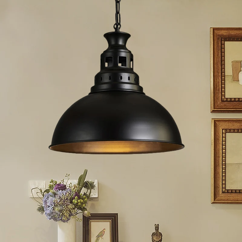 Lampadario sospensione da soffitto con paralume cupola metallico stile loft 1 luce nero/ottone per sala da pranzo
