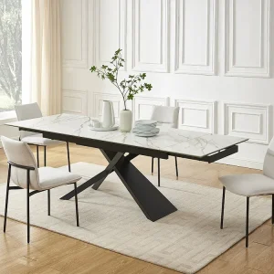 Tavolo allungabile Ceramica, Vetro temperato, Metallo Eff. marmo Bianco e Nero LUMIEL | Spedizione Veloce
