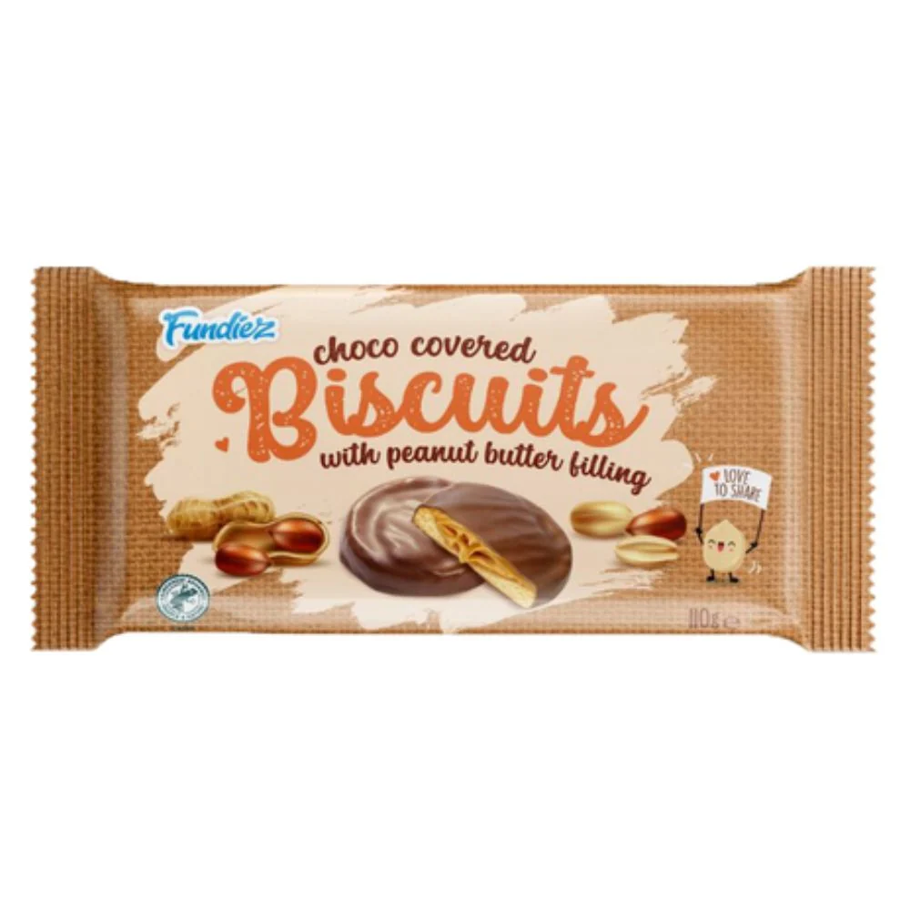 Fundiez Choco Covered Biscuits Peanut Butter Filling, biscotti ripieni di burro d'arachidi ricoperti di cioccolato al latt...