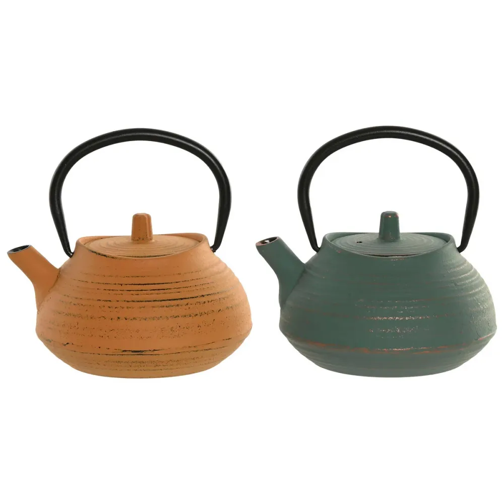Centrotavola Decorativo Teiera Home ESPRIT Verde Arancio Acciaio inossidabile Ferro 400 ml (2 Unità)