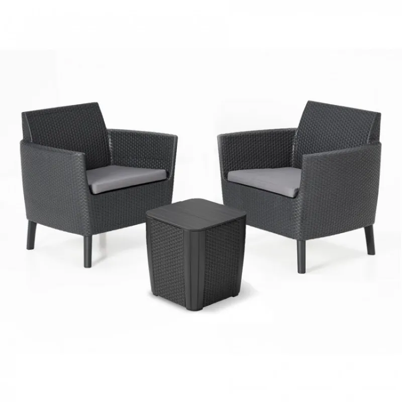 Keter Set 2 Poltrone + Tavolino contenitore con Cuscini SALEMO BALCONY Grafite