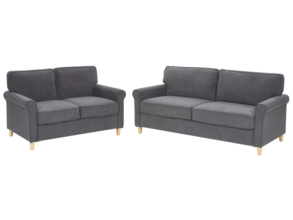 Set da salotto 5 posti velluto grigio nero e legno chiaro RONNEBY