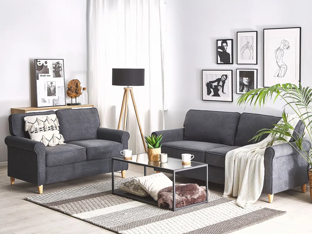 Set da salotto 5 posti velluto grigio nero e legno chiaro RONNEBY