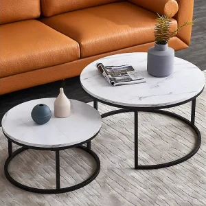 Set di 2 tavolini da caffè impilabili - Marmo Bianco con Struttura Metallo Nero - Tavolino Rotondo - Tavolo da Soggiorno I...