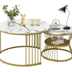 Set di 2 tavolini impilabili - tavolini rotondi - Metallo e MDF - Aspetto marmo - bianco