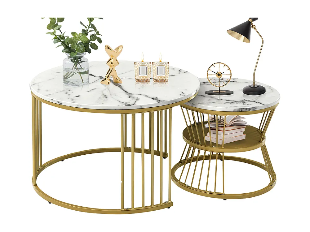 Set di 2 tavolini impilabili - tavolini rotondi - Metallo e MDF - Aspetto marmo - bianco