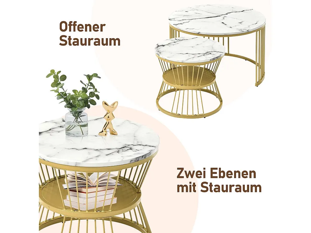 Set di 2 tavolini impilabili - tavolini rotondi - Metallo e MDF - Aspetto marmo - bianco