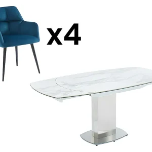 Set tavolo allungabile Ceramica Bianca TALICIA + 4 sedie Velluto Blu PEGA