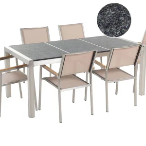 Set di tavolo e 6 sedie da giardino acciaio, basalto e fibra tessile crema nero fiammato 180 cm GROSSETO
