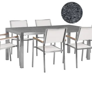 Set di tavolo e 6 sedie da giardino acciaio granito e fibra tessile bianca piano singolo grigio lucido 180 cm GROSSETO