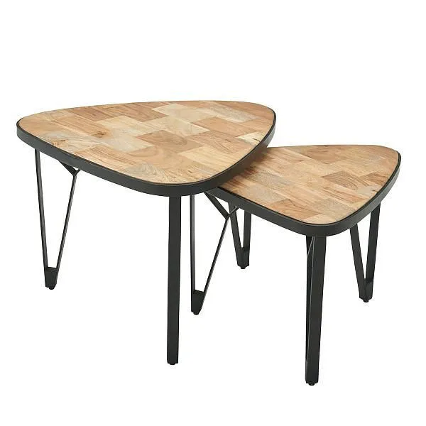 Wohnling Design set di 2 tavolini da caffè legno massello di mango / acacia triangolare con gambe metallo 2 pezzi WL6.348
