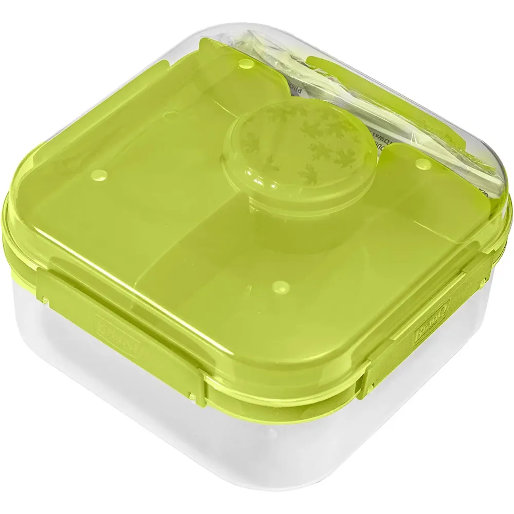 BranQ 1960 1.6L Salad Lunch Box 2 Level Dressing Container Cutlery Compartments Food Storage Transport Box - Green
