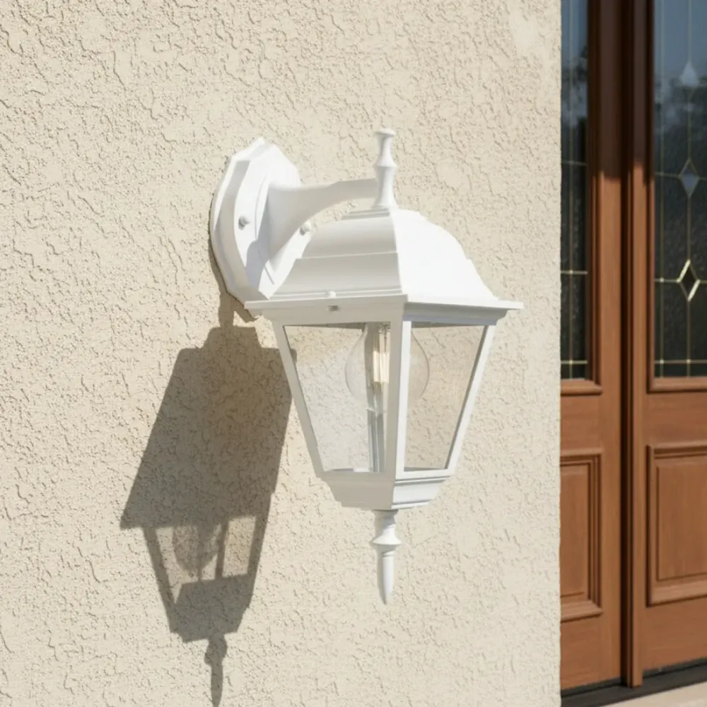 Lampada Classica da Esterno IP44 con Lanterna Quadrata Verso il Basso Alluminio Bianco e Vetri Trasparenti
