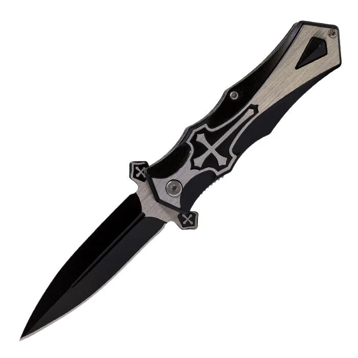 Perucci - 9" Iconic Metallic Nero puro Cross Foldable Pocket Knife