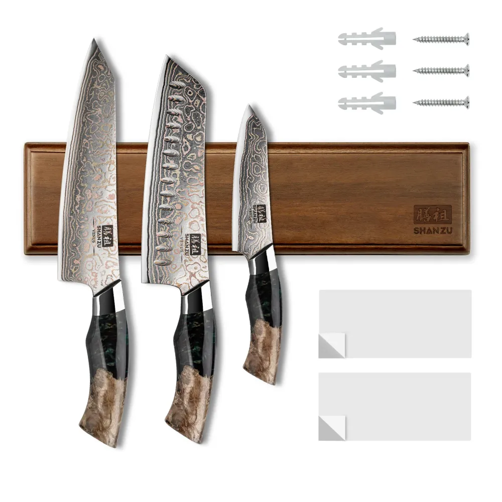 SHAN ZU Serie Venus – Set 3 pezzi Rame-Damasco + Barra magnetica legno