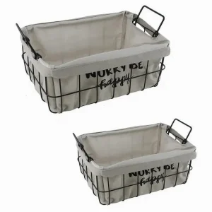 Set 2pz Cestini Metallo Con Rivestimento Tessuto Portaoggetti Manici 10631
