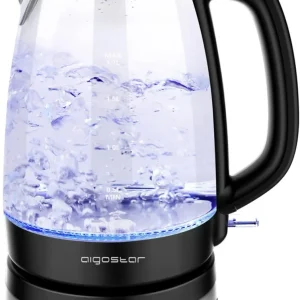 Aigostar Adam - Bollitore Acqua Elettrico Vetro Borosilicato con LED, 1,7 litri, 2200W, Spegnimento Automatico, Filtro Ant...