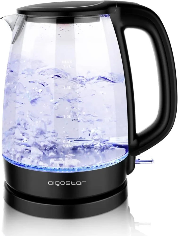 Aigostar Adam - Bollitore Acqua Elettrico Vetro Borosilicato con LED, 1,7 litri, 2200W, Spegnimento Automatico, Filtro Ant...