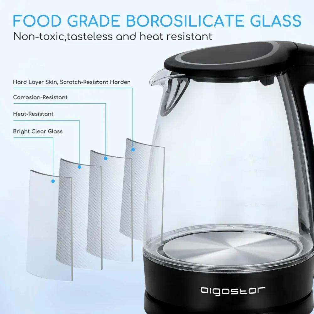 Aigostar Adam - Bollitore Acqua Elettrico Vetro Borosilicato con LED, 1,7 litri, 2200W, Spegnimento Automatico, Filtro Ant...