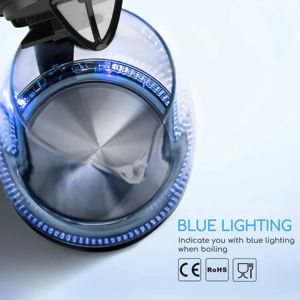 Aigostar Adam - Bollitore Acqua Elettrico Vetro Borosilicato con LED, 1,7 litri, 2200W, Spegnimento Automatico, Filtro Ant...