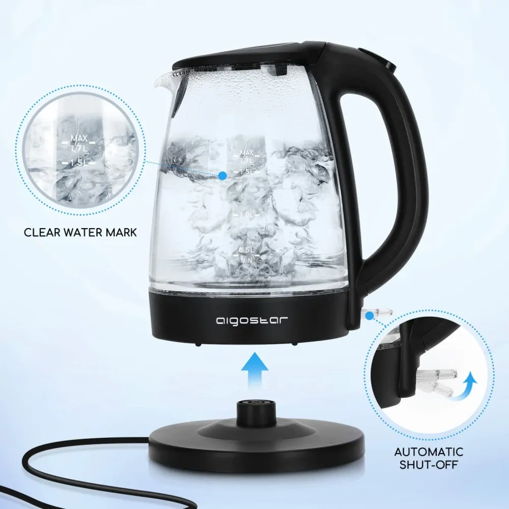 Aigostar Adam - Bollitore Acqua Elettrico Vetro Borosilicato con LED, 1,7 litri, 2200W, Spegnimento Automatico, Filtro Ant...