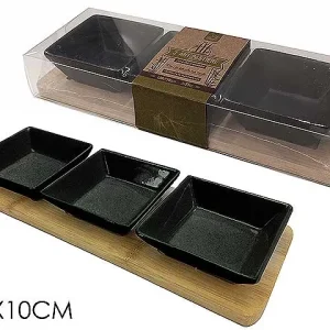 Antipastiera 3 pezzi nera su base bamboo 28x10 635857