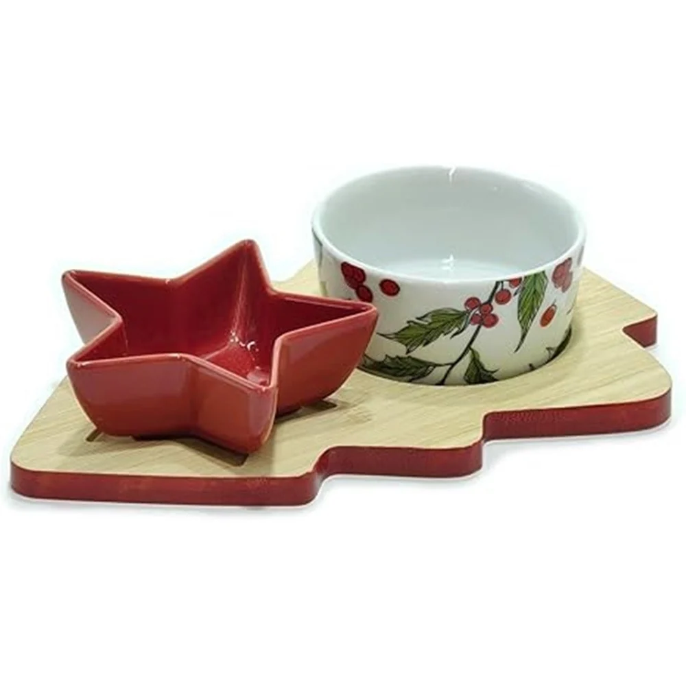 Antipastiera 2 Posti Con Ciotole Ceramica Base Bambù Albero Di Natale Idea Regalo