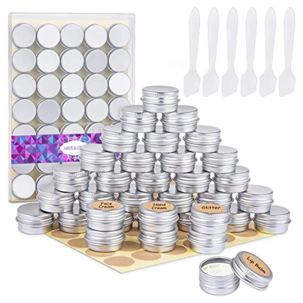 35 Barattoli Alluminio da 5 Ml, Scatola Alluminio con Spatola ed Etichette Adesive per Campione, Balsamo per Le Labbra