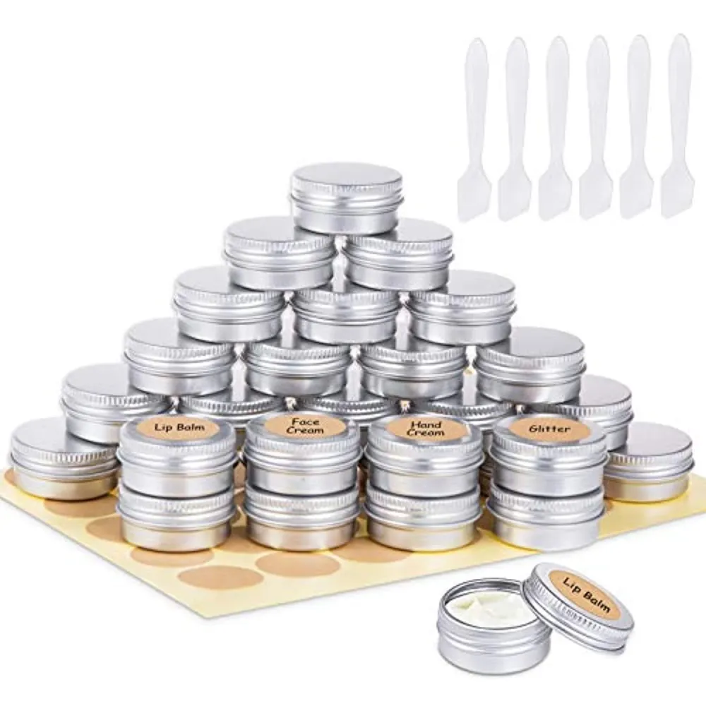30 Barattoli Alluminio da 15 Ml, Scatola Alluminio con Spatola ed Etichette Adesive per Campione, Balsamo per Le Labbra