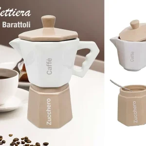 Barattolo decorativo caffettiera ceramica bianco e tortora impilabile con chiusura ermetica 20x12x24,5 cm - Giardini di Marzo