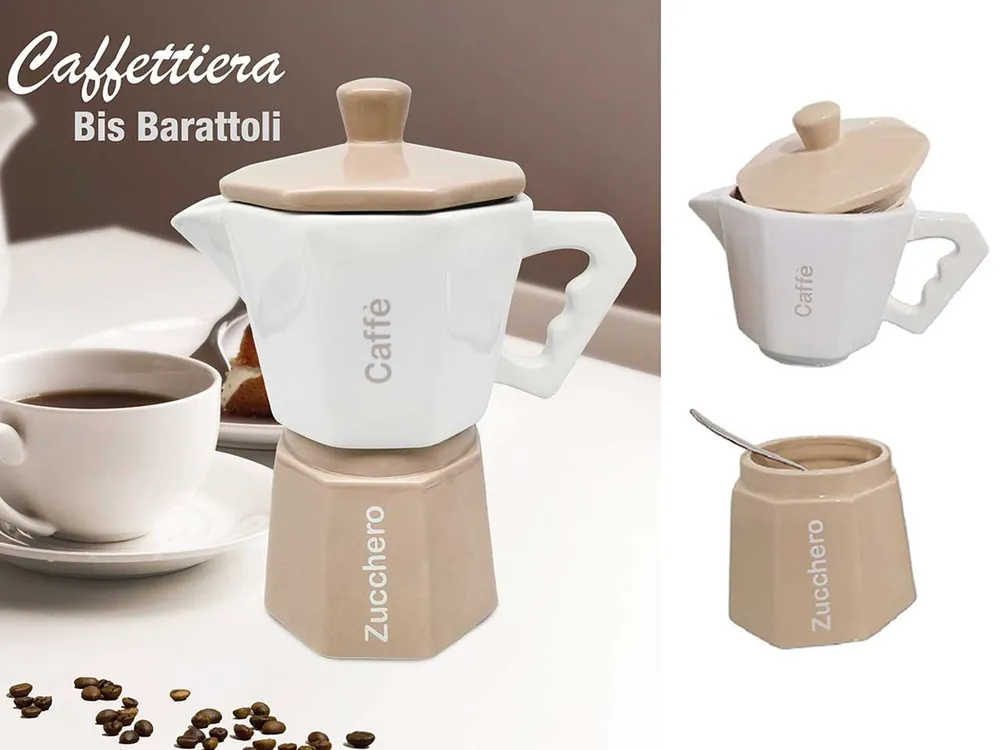 Barattolo decorativo caffettiera ceramica bianco e tortora impilabile con chiusura ermetica 20x12x24,5 cm - Giardini di Marzo