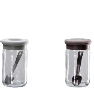 Barattolo vetro con coperchio e cucchiaino 8xh.13cm, 2 colori assortiti