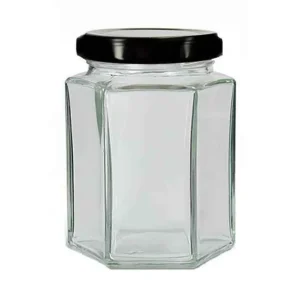Barattoli esagonali vetro da 190 ml per miele con coperchi neri Beekeeping Gear