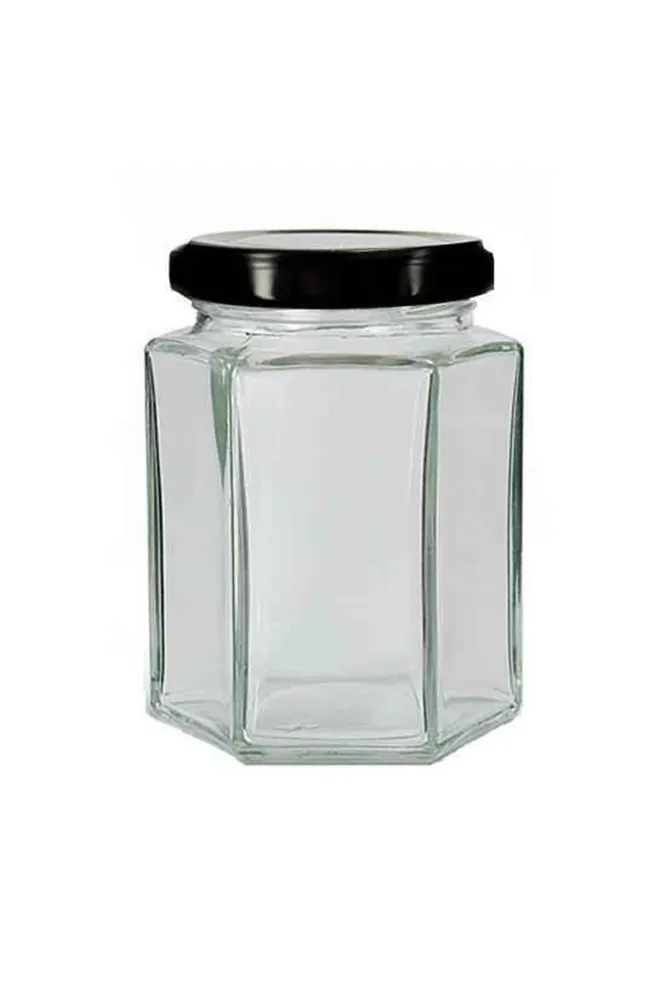 Barattoli esagonali vetro da 190 ml per miele con coperchi neri Beekeeping Gear