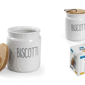 Biscottiera shabby chic ceramica e bamboo di colore bianco 15x18 cm - Passionecasa