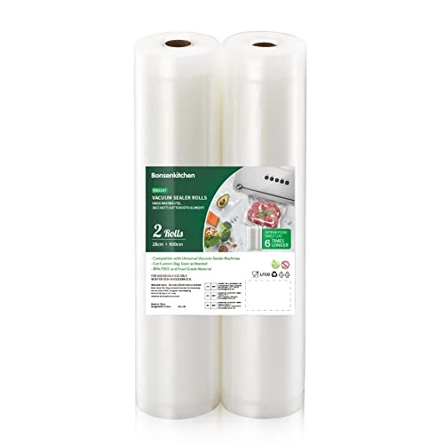 Bonsenkitchen Sacchetti per Sottovuoto, 2 rotoli 28 x 600 cm (totale 12 m) Sacchi commerciali per conservazione alimenti e...