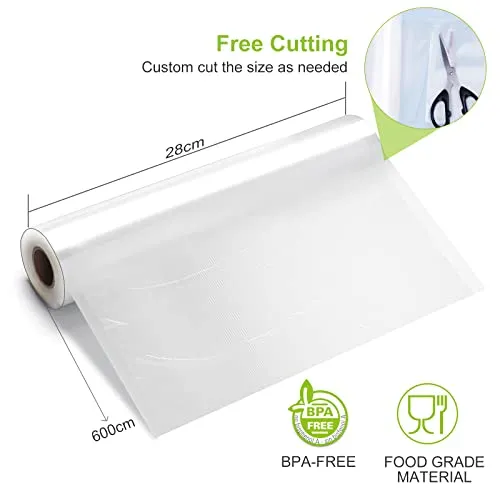 Bonsenkitchen Sacchetti per Sottovuoto, 2 rotoli 28 x 600 cm (totale 12 m) Sacchi commerciali per conservazione alimenti e...