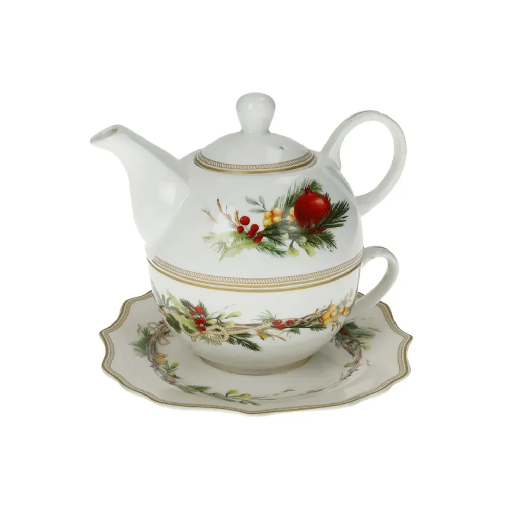 Brandani Set Teiera con Tazza e Piattino Carol Porcellana