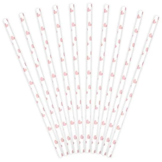 10 Cannucce di Carta Cuore Rosa