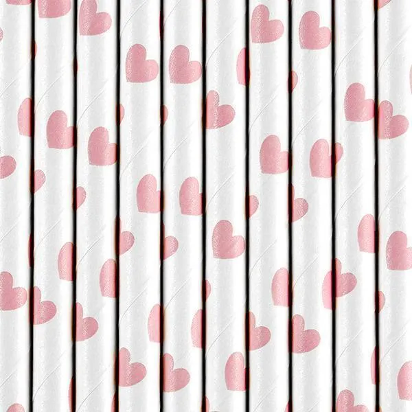 10 Cannucce di Carta Cuore Rosa