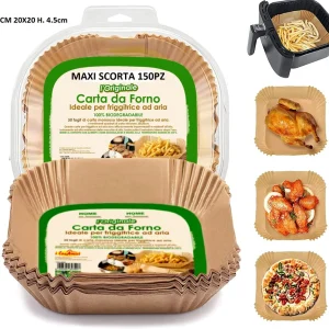 Carta Forno per Friggitrice ad Aria Maxi Scorta 150pz 20x20 H4,5cm Biodegradabil
