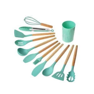 Clayre & Eef Set di utensili da cucina da 12 pezzi con organizzatore Ø 8x32 cm Verde Silicone
