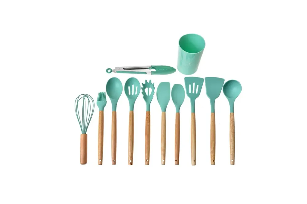 Clayre & Eef Set di utensili da cucina da 12 pezzi con organizzatore Ø 8x32 cm Verde Silicone