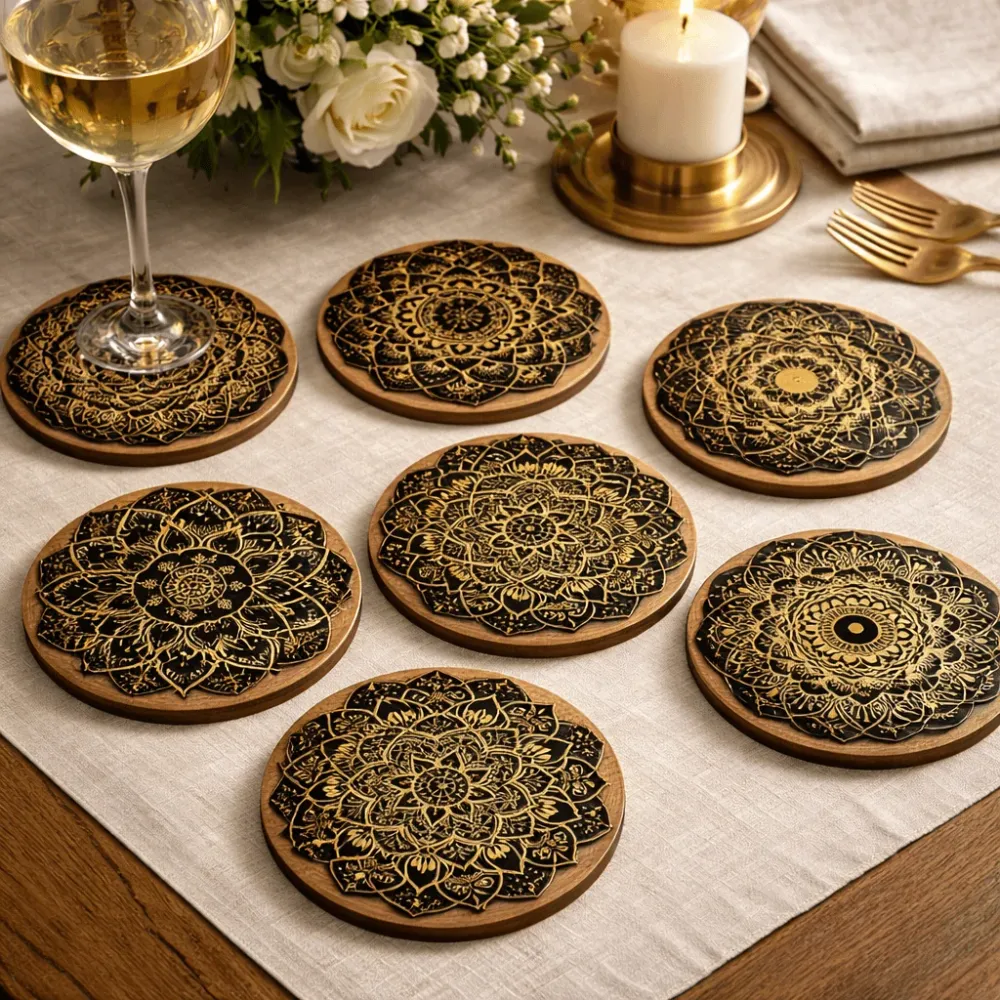 WOODARA – Elegante sottobicchiere rotondo legno con motivo mandala Cozey Maison