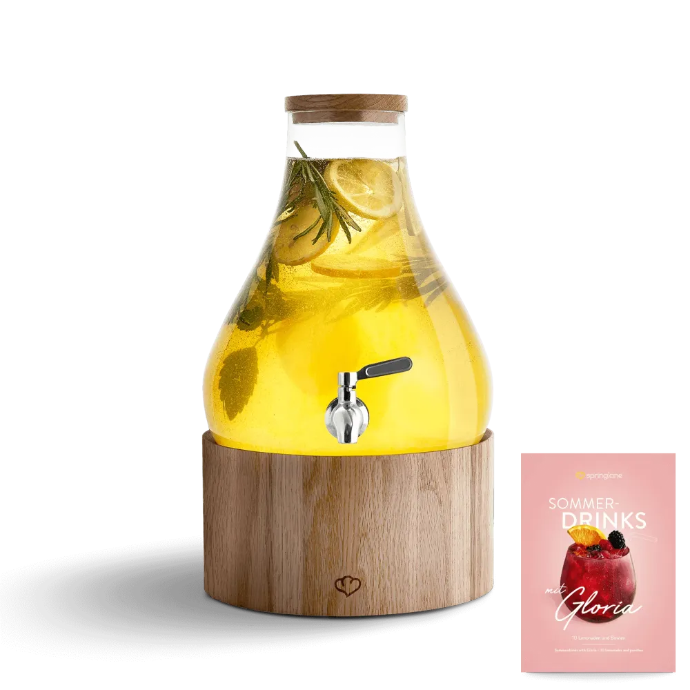 Distributore di bevande di vetro 5,5 L Gloria con rubinetto acciaio inossidabile e supporto quercia