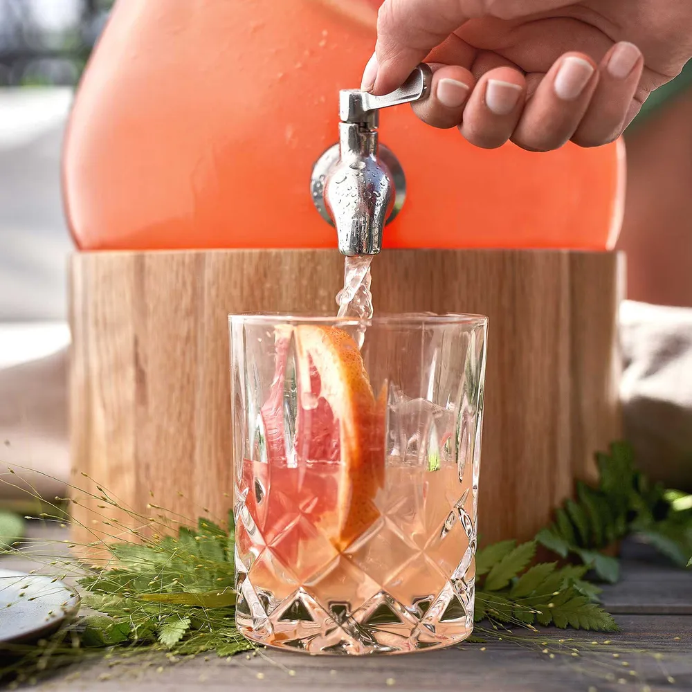 Distributore di bevande di vetro 5,5 L Gloria con rubinetto acciaio inossidabile e supporto quercia