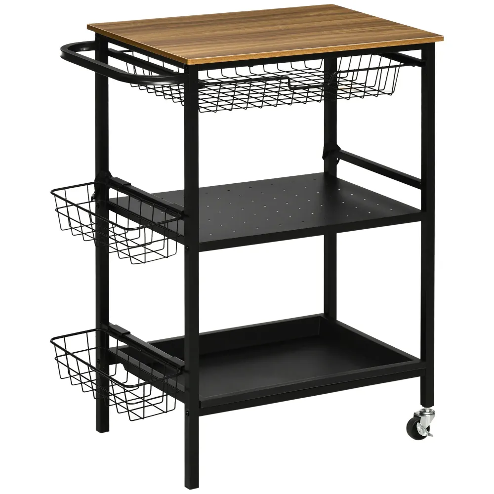 Easycomfort Carrello da Cucina 3 Livelli con 2 Ruote, Cesto Estraibile e Vassoio, 75x43.5x91 cm, color Legno e Nero